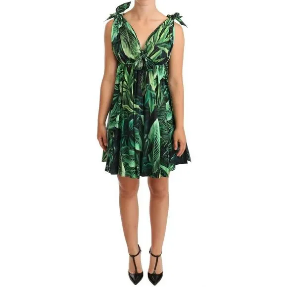 Dolce & Gabbana | Dresses | Dolce Gabbana Elegant Flared Mini Aline Dress  In Green Leaf Print | Poshmark